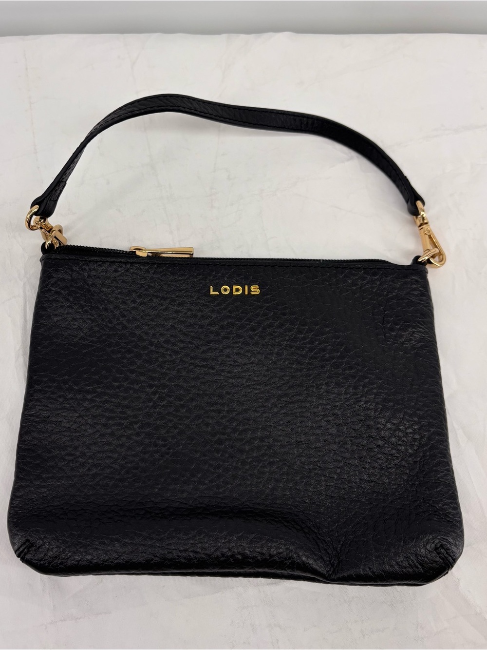Lodis Black Pebbled Leather Wristlet with Gold Accents